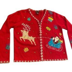 Women’s Christmas Red Santa Reindeer Decorated  Embroidered Cardigan Sweater S/M
